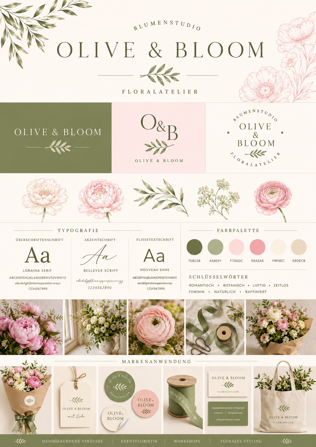Markenwelt mit Olive and Bloom Farbpalette und Illustration